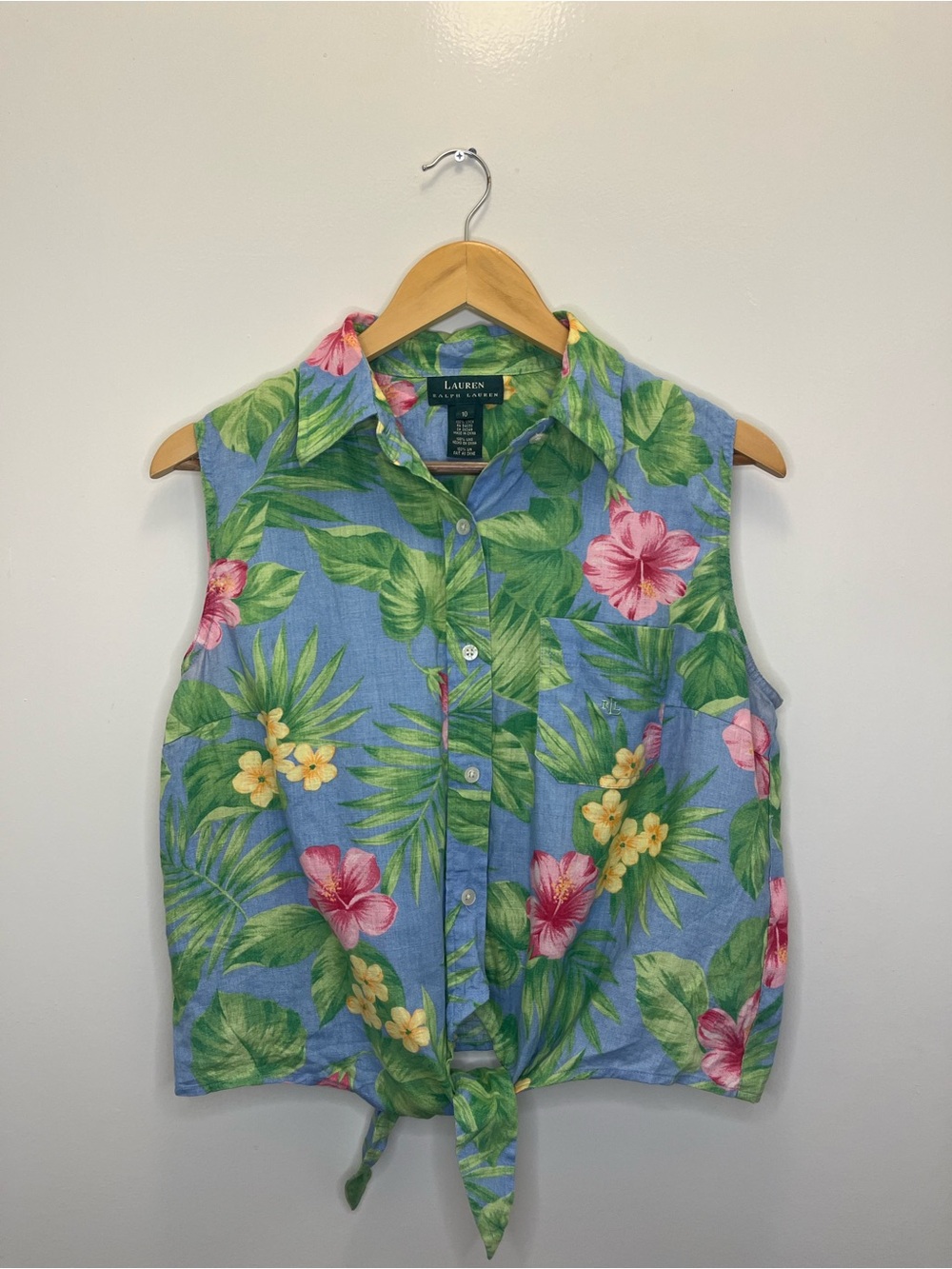 Lauren Ralph Lauren Blue Tropical Tie-Front 100% Linen Sleeveless Shirt